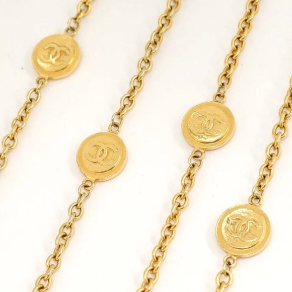 CHANEL CC Logos Coin charm 1980's Vintage long Necklace 70" Gold Tone Auth - Picture 5 of 7